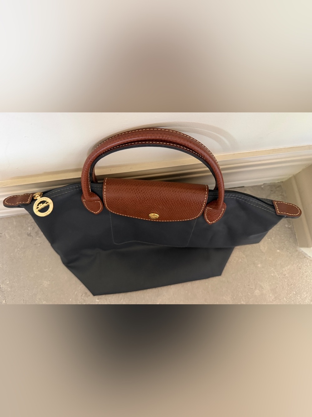Longchamp Le Pliage Charcoal Nylon Brown Leather Top Handle Bag - Picture 6 of 12